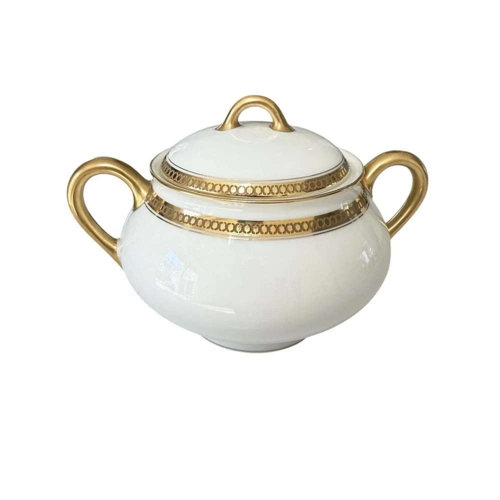 Haviland Limoges Marquis Sugar Bowl w Lid & Creamer Gold Trim - 2 Piece Set